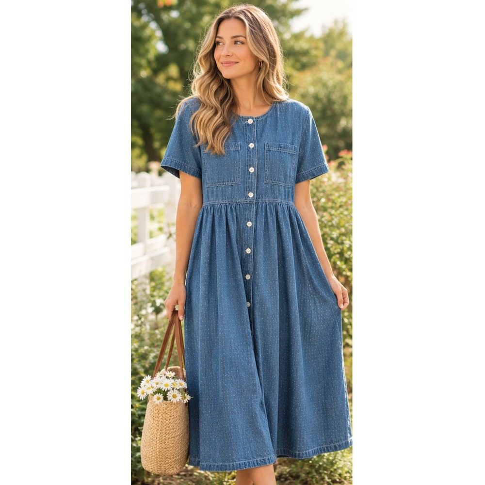 Erika Classics Denim Midi Dress Blue Dotted Cotton Button Front Short Sleeve L